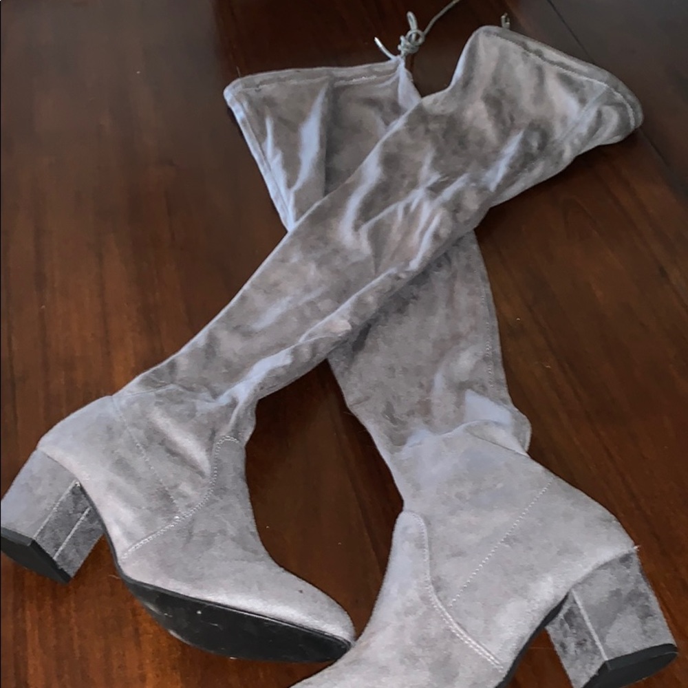 Grey knee high boots